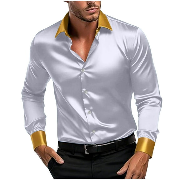 ZACPNCV Men's Shiny Satin Dress Shirts Long Sleeve Button Down Silk Shirt with Bow Tie