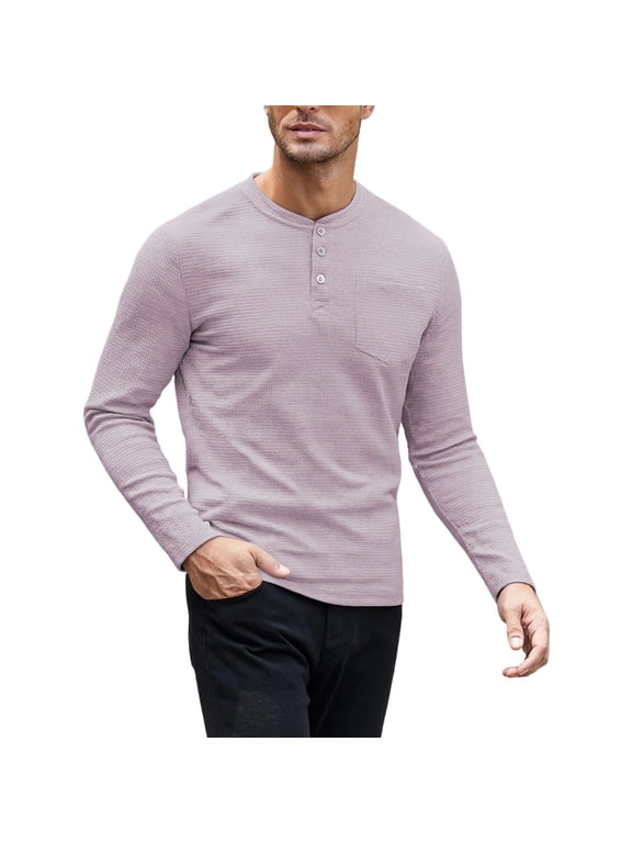 Men's Waffle Knit Henley Shirt Long Sleeve Button Placket Crew Neck Casual Top with Chest Pocket Slim Fit Top For Spring Fall,Gray