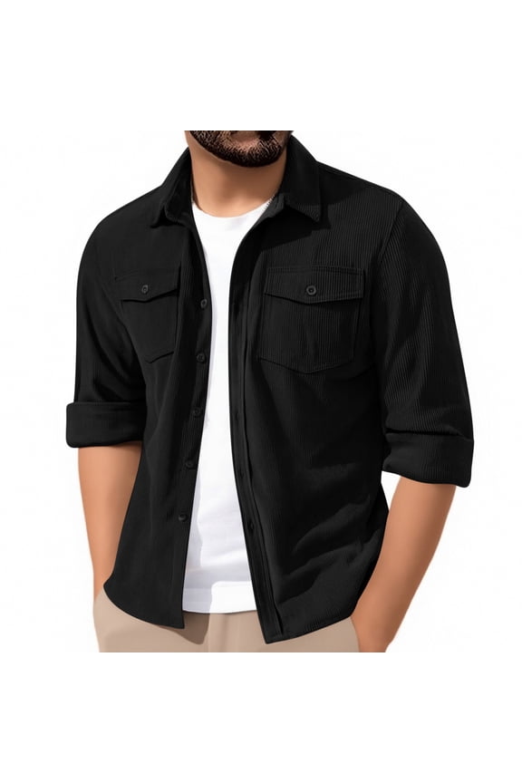 Mens Casual Jacket Corduroy Fabric Long Sleeve Button Up with Flap Pockets for Light Wind Protection