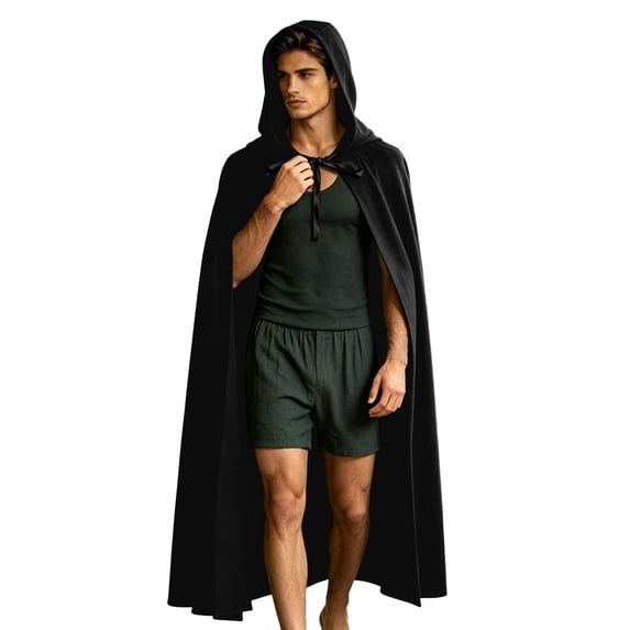 ZACPNCV Mens Hooded Long Cloak Cape Gothic Front Lace Up Full Length Medieval Wizard Robe Halloween Clohtes Black