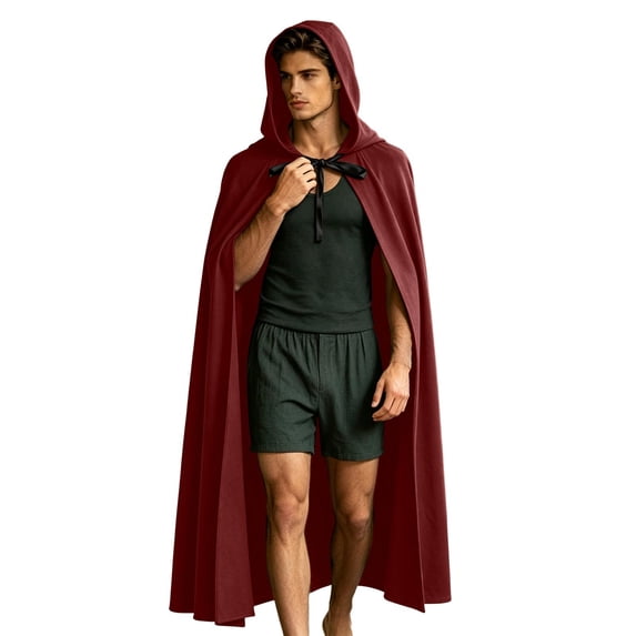 ZACPNCV Mens Hooded Long Cloak Cape Gothic Front Lace Up Full Length Medieval Wizard Robe Halloween Clohtes Red