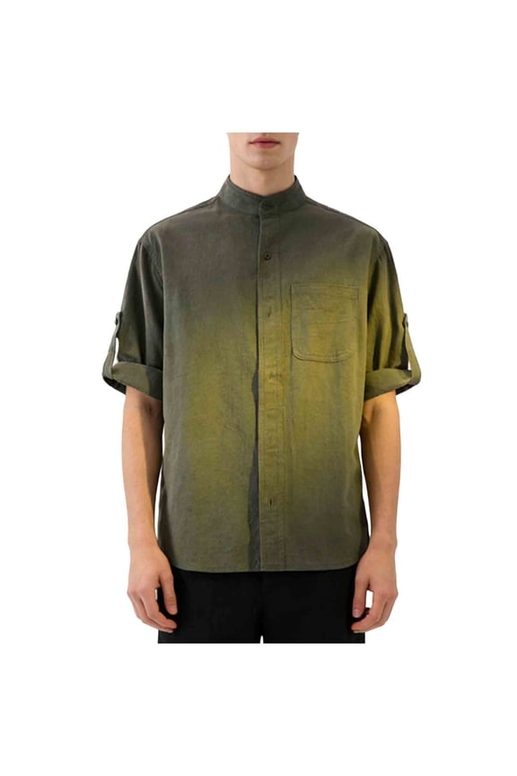 Mens Linen Casual Shirt 3/4 Sleeve Relaxed Fit Button Down Pocket Mand arin Collar Top Breathable Summer