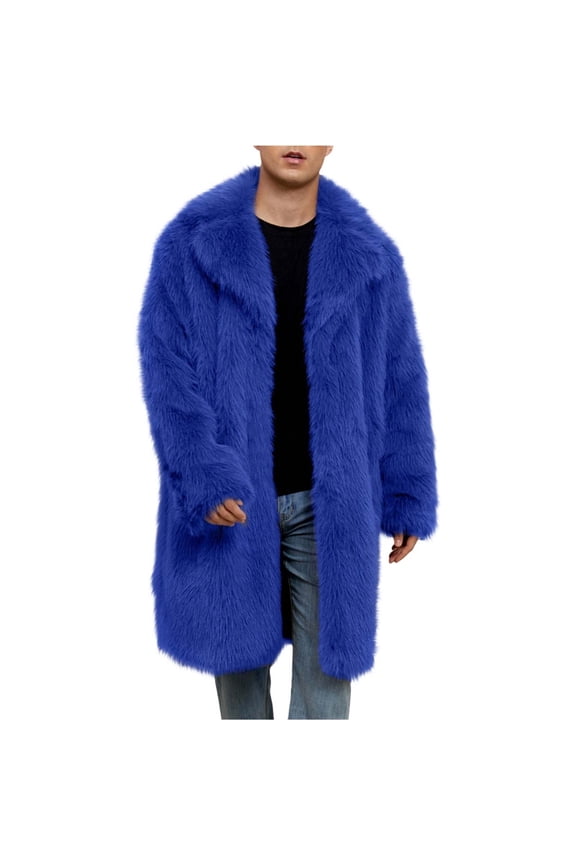 Mens Long Faux Fur Coat Furry Jacket Lapel Collar Shaggy Jackets Winter Warm Outerwear Parka Overcoat