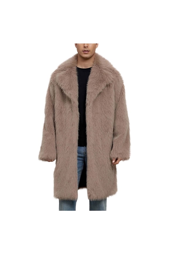 Mens Long Faux Fur Coat Furry Jacket Lapel Collar Shaggy Jackets Winter Warm Outerwear Parka Overcoat