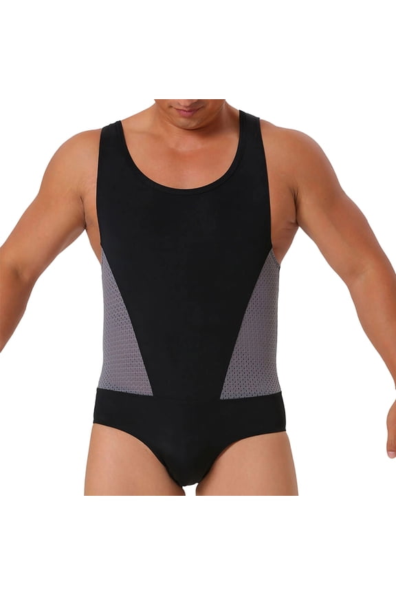 Mens Nylon Spandex One Piece Swimsuit Athletic Tight Fit Breathable Square Cut Tank Top Performance Swimwear