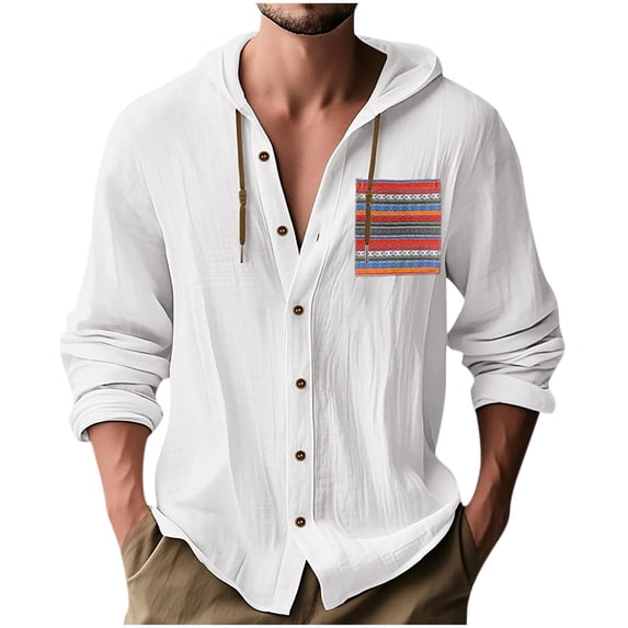 Lovskoo Mens Printed Long Sleeve Linen Blend Hooded Shirt Button Closure Front Pockets Casual Oversized Top
