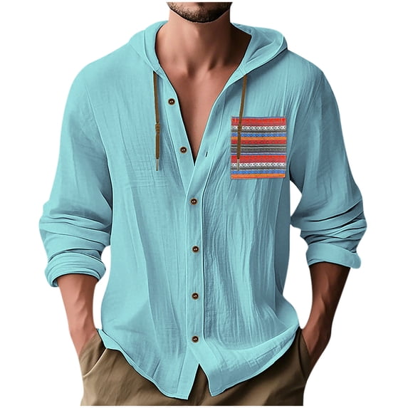 Lovskoo Mens Printed Long Sleeve Linen Blend Hooded Shirt Button Closure Front Pockets Casual Oversized Top