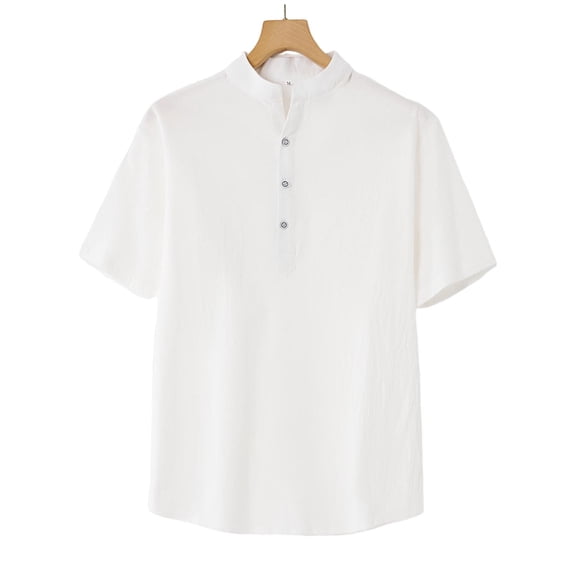 ZACPNCV Mens Solid Linen Blend Short Sleeve Shirt Half Button Closure Stand Collar Casual Comfortable Summer Clothing