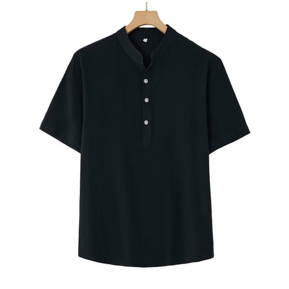 ZACPNCV Mens Solid Linen Blend Short Sleeve Shirt Half Button Closure Stand Collar Casual Comfortable Summer Clothing