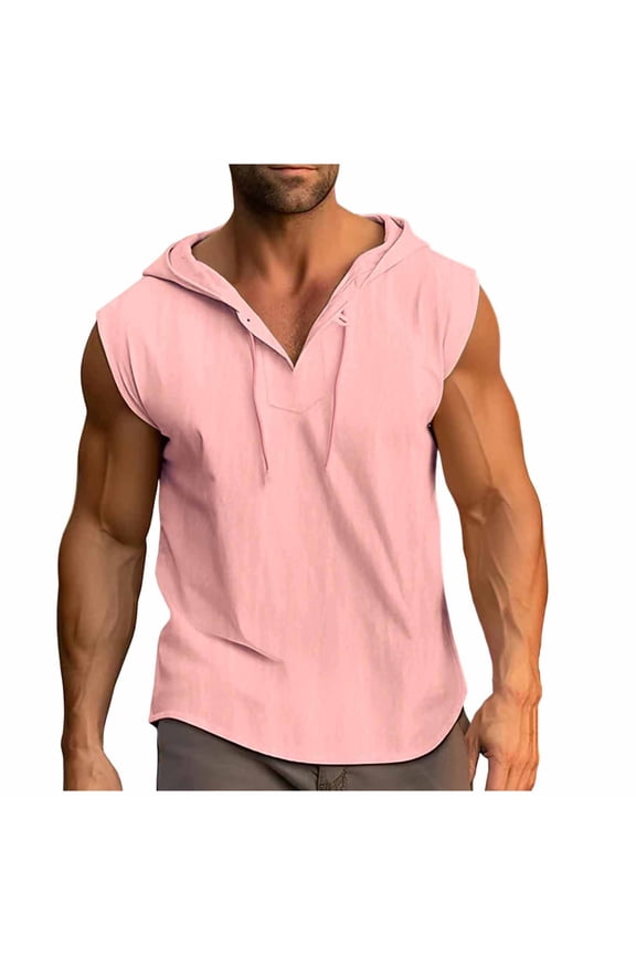 Mens Solid Sleeveless Hooded Pullover Linen Look Half Button Casual Top for Summer Gym Athletic Lounge Wear