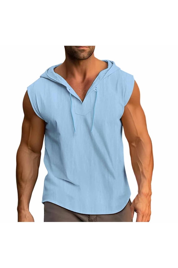 Mens Solid Sleeveless Hooded Pullover Linen Look Half Button Casual Top for Summer Gym Athletic Lounge Wear