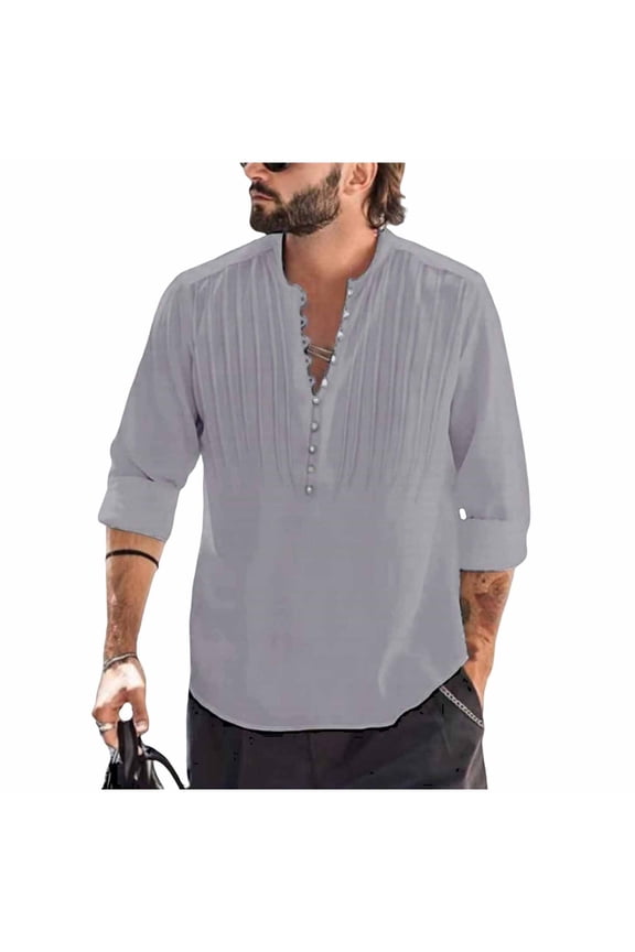 Mens Solid Summer Linen Look Half Button Pullover Long Sleeve Mand arin Collar Top Casual Pleated Detail Loose Fit