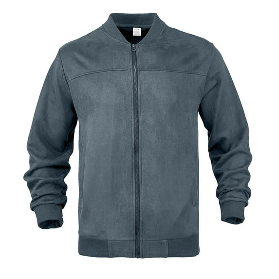 Lovskoo Mens Suede Bomber Jacket Zipper Front Solid Color with Panel Design Minimalist Stylish Outerwear