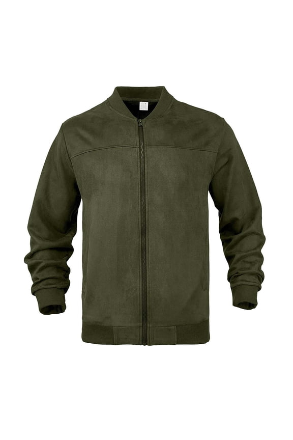 Mens Suede Bomber Jacket Zipper Front Solid Color with Panel Design Minimalist Stylish Outerwear