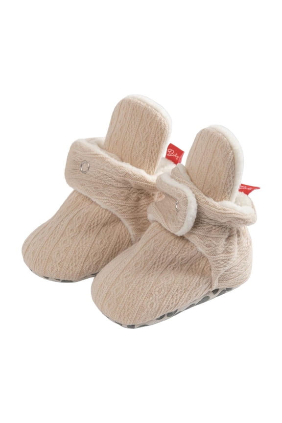 Newborn Baby Booties Cotton Knit Shoes Soft Cozy First Wakers Warm Booties for Toddler Infant Girl Boy Beige 6-12 Months