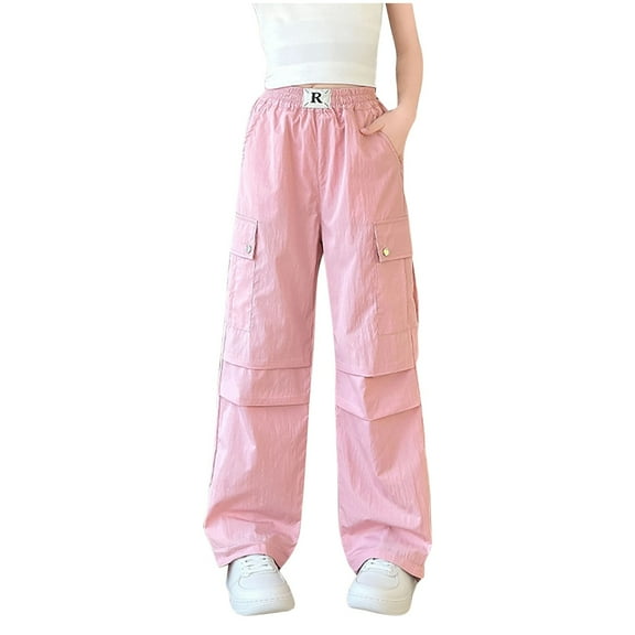 ZACPNCV Pants for Girls Cargo Jogger Pants Wide Leg Streetwear Kid Teen Jogger Trousers with Pockets Pink 9-10 Years