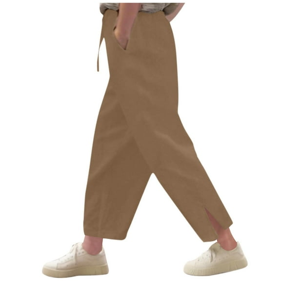 ZACPNCV Pants for Girls Summer Casual Loose Cotton Linen Straight Wide Leg Drawstring Elastic Waist Solid Cropped Pant Beige 10-11 Years