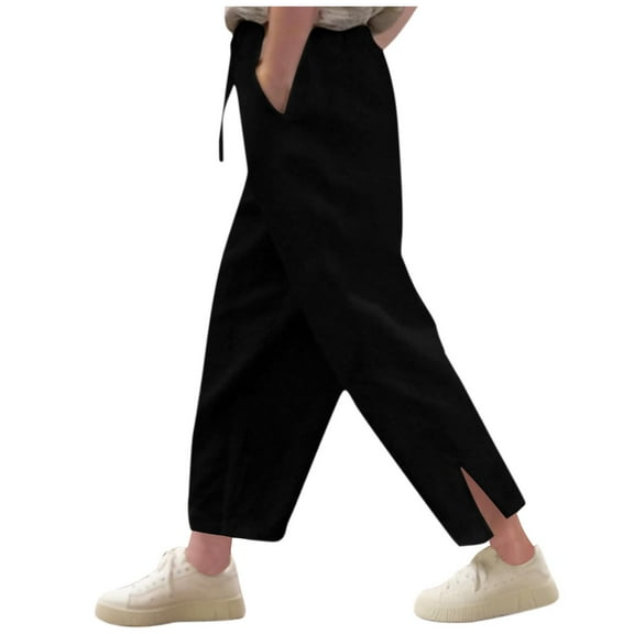 ZACPNCV Pants for Girls Summer Casual Loose Cotton Linen Straight Wide Leg Drawstring Elastic Waist Solid Cropped Pant Black 12-13 Years