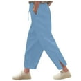 thumbnail image 1 of ZACPNCV Pants for Girls Summer Casual Loose Cotton Linen Straight Wide Leg Drawstring Elastic Waist Solid Cropped Pant Blue 6-7 Years, 1 of 8