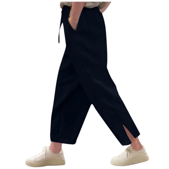 ZACPNCV Pants for Girls Summer Casual Loose Cotton Linen Straight Wide Leg Drawstring Elastic Waist Solid Cropped Pant Navy 10-11 Years
