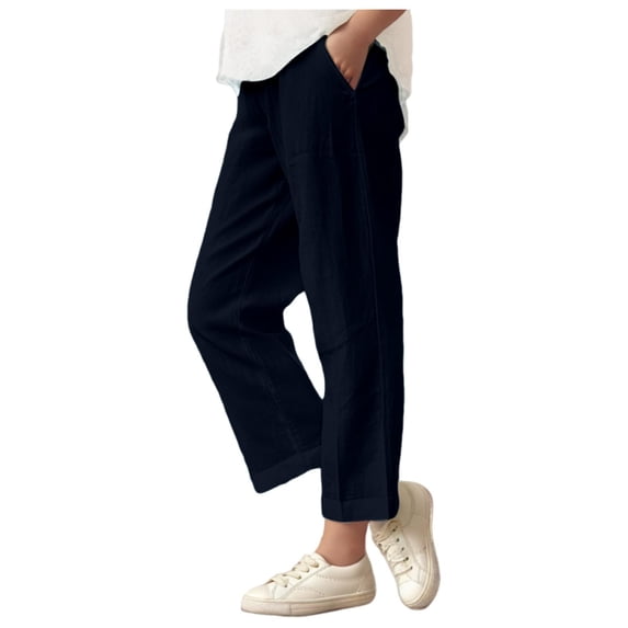 ZACPNCV Pants for Girls Summer Casual Loose Cotton Linen Straight Wide Leg Drawstring Elastic Waist Solid Cropped Pant Navy 13-14 Years