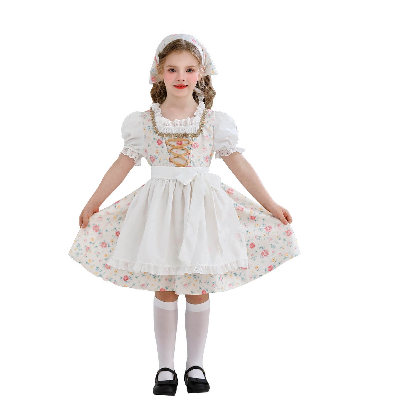 short sleeve pioneer dress Zacpncv Pioneer Dresses for Girls Colonial Dress Costume Short Sleeve Prairie Dresses with Apron White 9-10 Years, Infant Girl's
