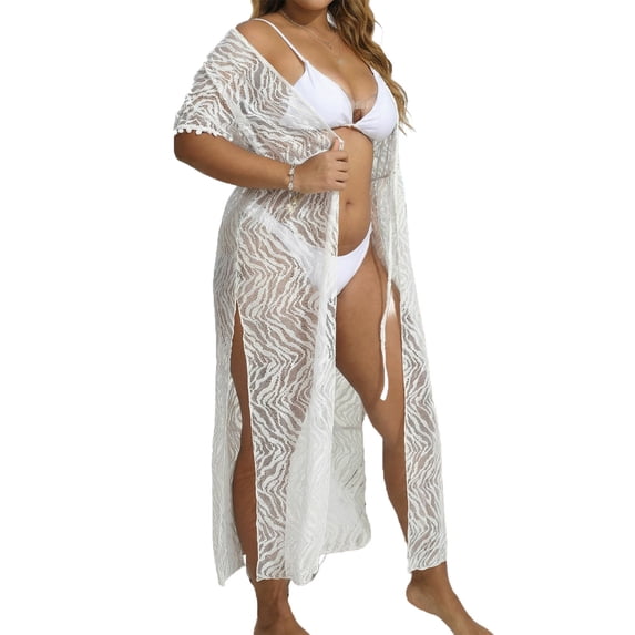 Lovskoo Plus Size Women Sheer Lace Beach Cover Up Drawstring Waist Bikini Swimsuit Shawl Lightweight Crochet Knit Summer Vacation