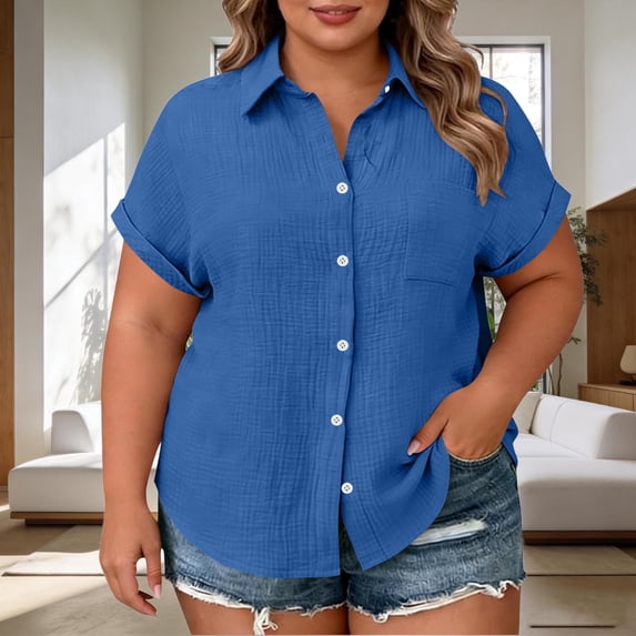 Lovskoo Plus Size Womens Solid Short Sleeve Shirt Collared Button Down Pocket Casual Blouse Comfortable Relaxed Fit Top