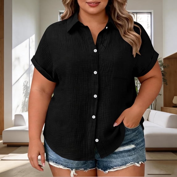 Lovskoo Plus Size Womens Solid Short Sleeve Shirt Collared Button Down Pocket Casual Blouse Comfortable Relaxed Fit Top