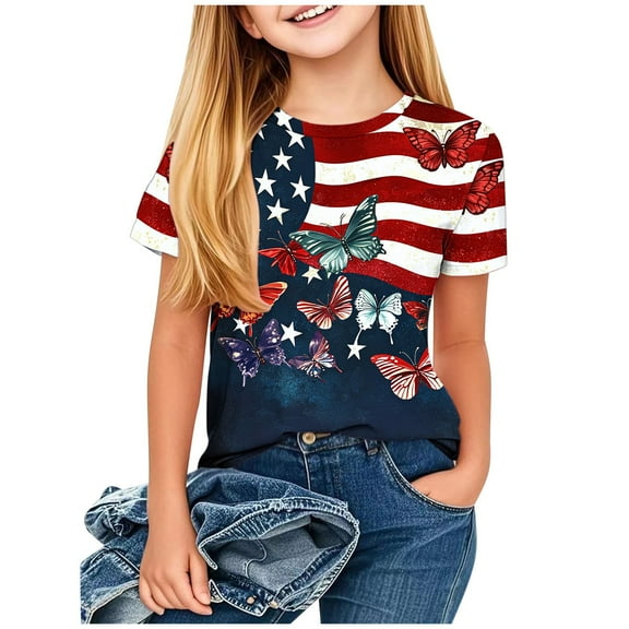 ZACPNCV Shirts for Kids Girls Summer Crewneck USA Flag Graphic Short Sleeve Casual Tee Blouses Independence Day Clothes Blue 3-4 Years