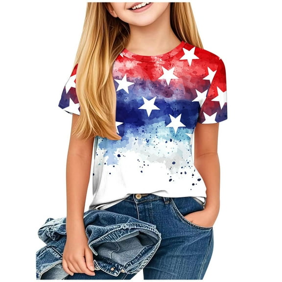 ZACPNCV Shirts for Kids Girls Summer Crewneck USA Flag Graphic Short Sleeve Casual Tee Blouses Independence Day Clothes Blue 5-6 Years