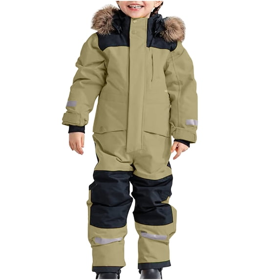 ZACPNCV Snow Suit for Kids Toddler Bibs Snowsuit Boys Girls Overalls One Piece Ski Suits Heavyweight Warm Windbreak Waterproof Khaki 2-3 Years