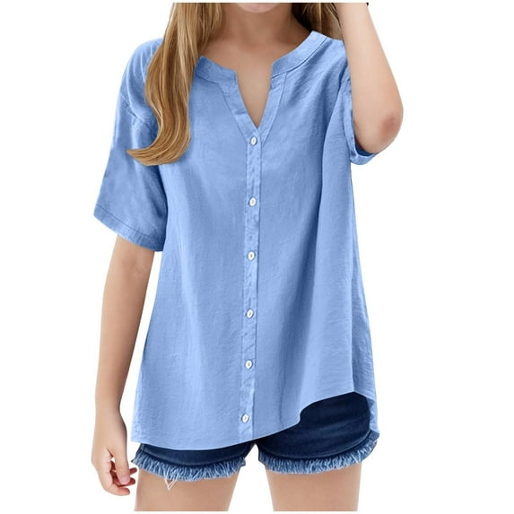 ZACPNCV Summer Girls Shirts Kids Tops Lapel V Neck Button Down Shirt Loose Fit Dressy Casual Blouses Tee Blue 7-8 Years