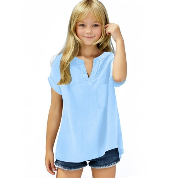 ZACPNCV Summer Girls Shirts Kids Tops Lapel V Neck Button Down Shirt Loose Fit Dressy Casual Blouses Tee Light Blue 14-15 Years