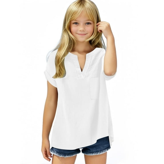 ZACPNCV Summer Girls Shirts Kids Tops Lapel V Neck Button Down Shirt Loose Fit Dressy Casual Blouses Tee White 13-14 Years