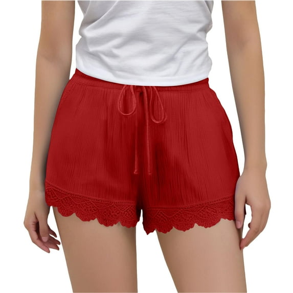 ZACPNCV Summer Shorts for Girls Elastic Waist Drawstring Lace Trim Pleated Beach Shorts Comfy Loose Lightweight Casual Shorts Red 7-8 Years