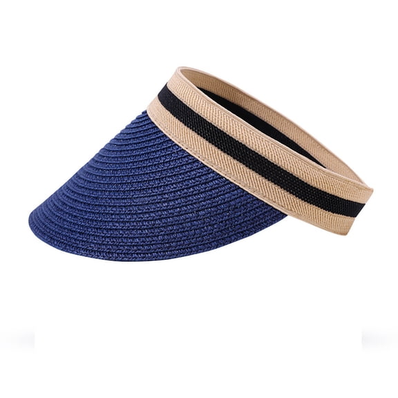 ZACPNCV Sun Visor Hat for Women Wide Brim Straw Visors Beach Hat Ponytail UV UPF Packable Foldable Travel Blue Free Size