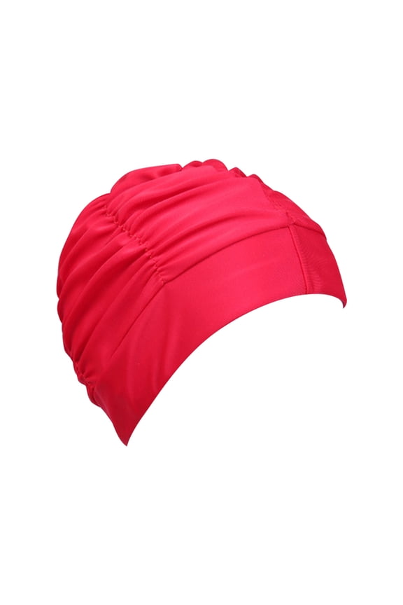 Swim Cap for Women Solid Color Nylon Swim Cap with A Pleated Headband Red Free Size