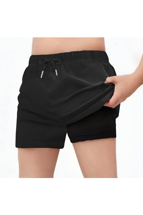 Swim Shorts for Girls Quick Dry High Waisted Trunks with Compression Liner Drawstring Beach Board Shorts Swim Bottoms Black 12-13 Years