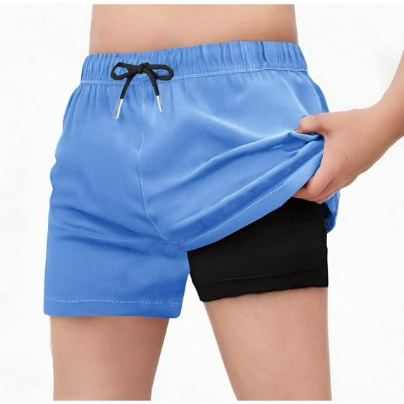 ZACPNCV Swim Shorts for Girls Quick Dry High Waisted Trunks with Compression Liner Drawstring Beach Board Shorts Swim Bottoms Sky Blue 14-15 Years