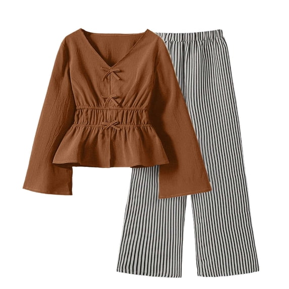 ZACPNCV Teen Girls 2 Piece Outfit Set V-Neck Bow Decor Long Sleeve Peplum Top & Elastic Waist Striped Wide Leg Pants Kids Summer Elegant Casual Outfits 9-10Years Brown
