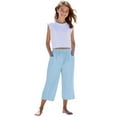 thumbnail image 1 of ZACPNCV Teen Girls Capris Pants Summer Loose Comfy Cotton Linen Straight Wide Leg Drawstring Elastic Waist Solid Cropped Pant Blue 10-11 Years, 1 of 8