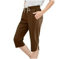 thumbnail image 1 of ZACPNCV Teen Girls Capris Pants Summer Loose Comfy Cotton Linen Straight Wide Leg Drawstring Elastic Waist Solid Cropped Pant Brown 9-10 Years, 1 of 8