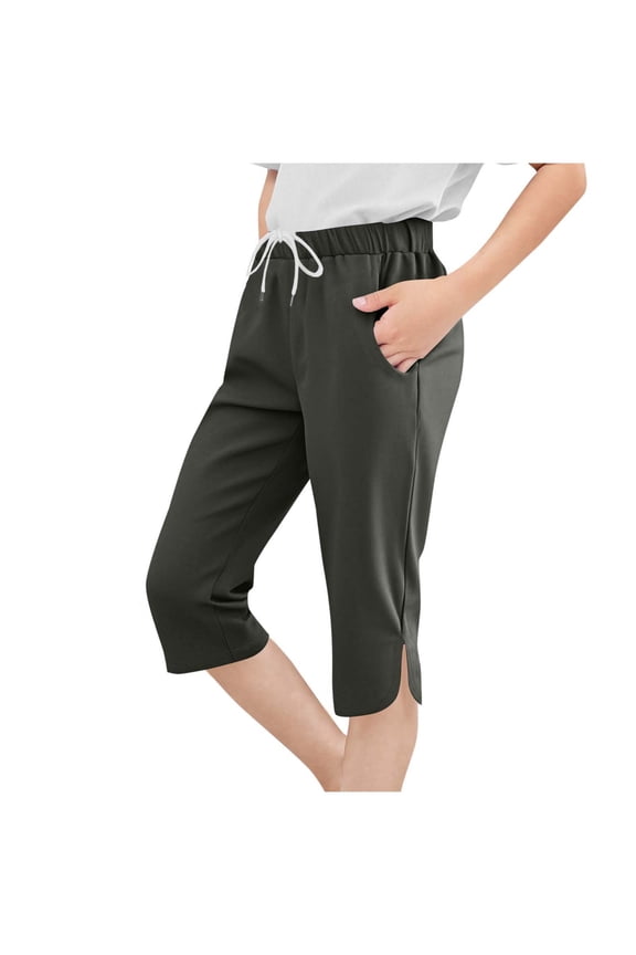 Teen Girls Capris Pants Summer Loose Comfy Cotton Linen Straight Wide Leg Drawstring Elastic Waist Solid Cropped Pant Dark Gray 9-10 Years