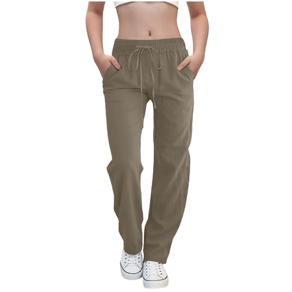 ZACPNCV Teen Girls Casual Cotton Linen Pants Lightweight Summer Loose Fit Elastic Waist Solid Lounge Long Trousers Coffee 13-14 Years