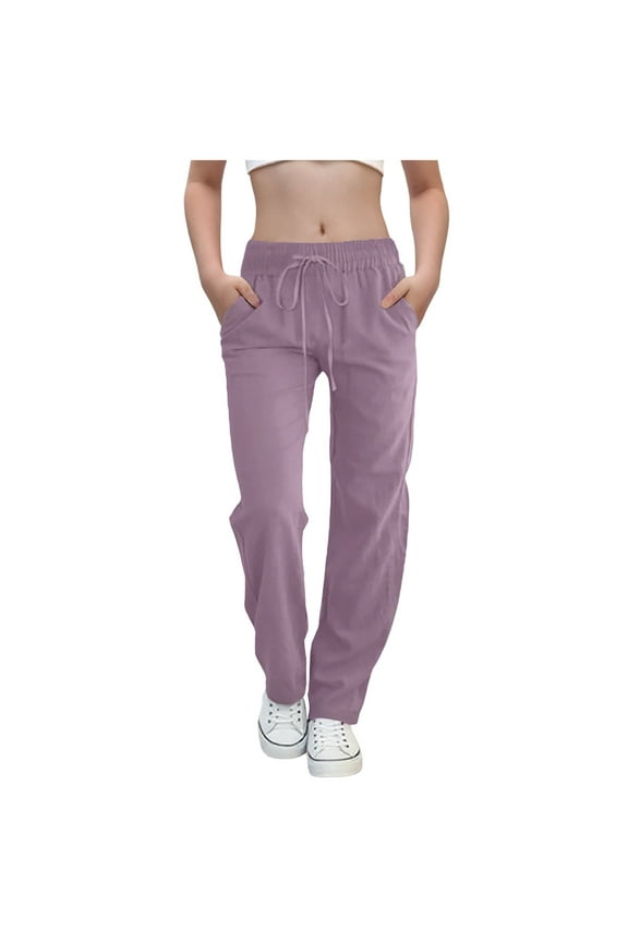 Teen Girls Casual Cotton Linen Pants Lightweight Summer Loose Fit Elastic Waist Solid Lounge Long Trousers Purple 8-9 Years