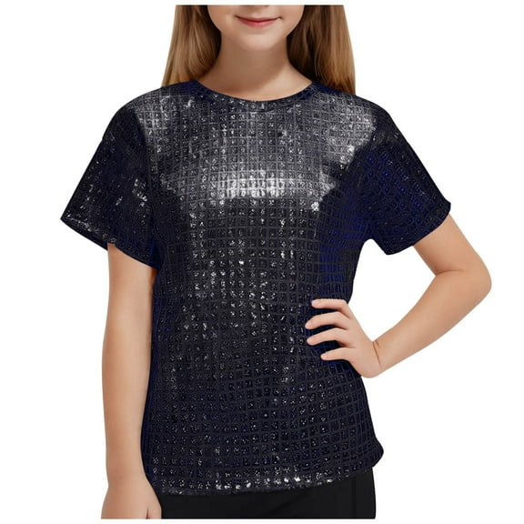 ZACPNCV Teen Girls Sequin Shirt Sparkle Shimmer Cropped Dance Tshirts Kids Summer Casual Glitter Short Sleeve Shirts Black 6-7 Years