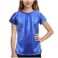 thumbnail image 1 of ZACPNCV Teen Girls Sequin Shirt Sparkle Shimmer Cropped Dance Tshirts Kids Summer Casual Glitter Short Sleeve Shirts Blue 13-14 Years, 1 of 5