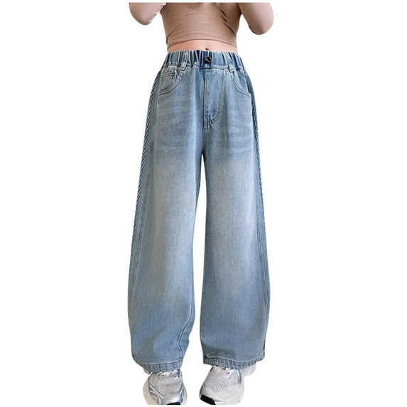 ZACPNCV Teen Girls Wide Leg Jeans Baggy Embroidery Elastic High Waist Denim Pants Vintage Streetwear Teen Clothes Blue 11-12 Years