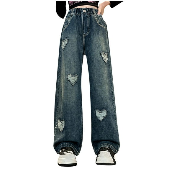 ZACPNCV Teen Girls Wide Leg Jeans Baggy Embroidery Elastic High Waist Denim Pants Vintage Streetwear Teen Clothes Blue 13-14 Years
